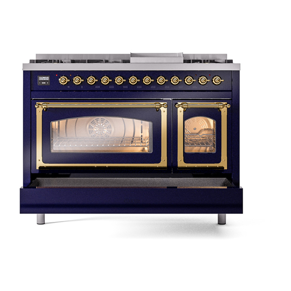 ILVE_UN48FNMPMBG_Nostalgie_II_48"_Dual_Fuel_Range_drawer_opened