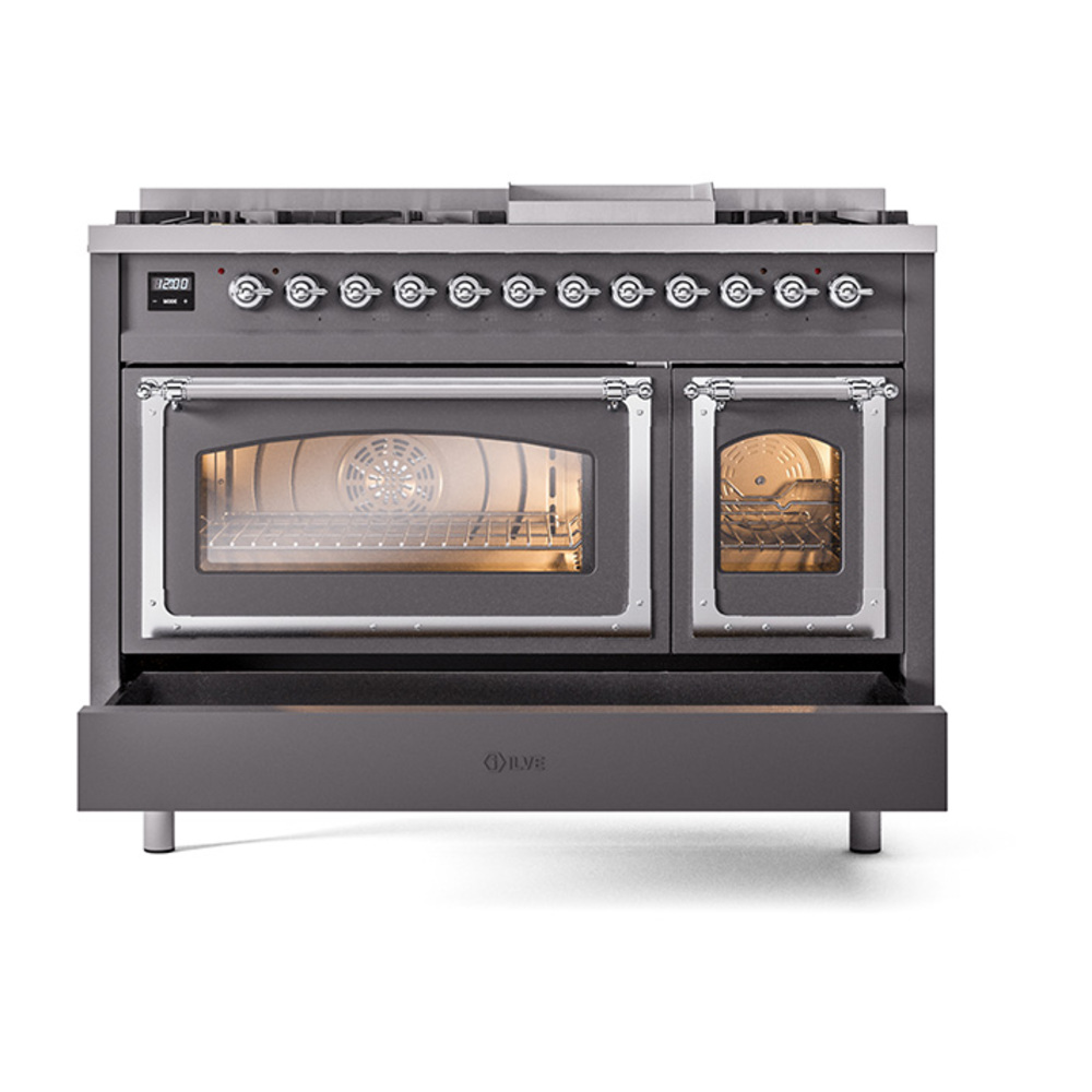 ILVE_UN48FNMPMGC_Nostalgie_II_48"_Dual_Fuel_Range_drawer_opened