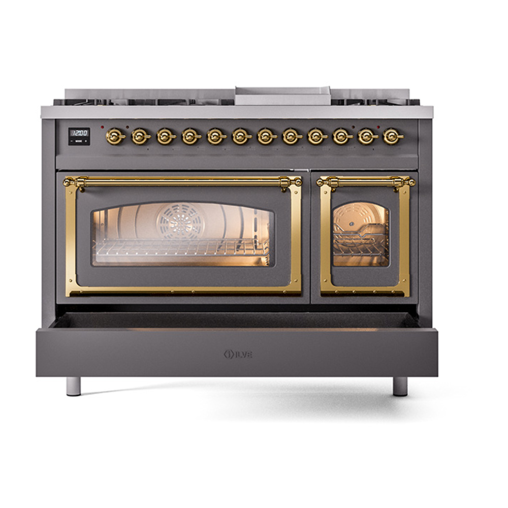ILVE_UN48FNMPMGGLP_Nostalgie_II_48"_Dual_Fuel_Range_drawer_opened