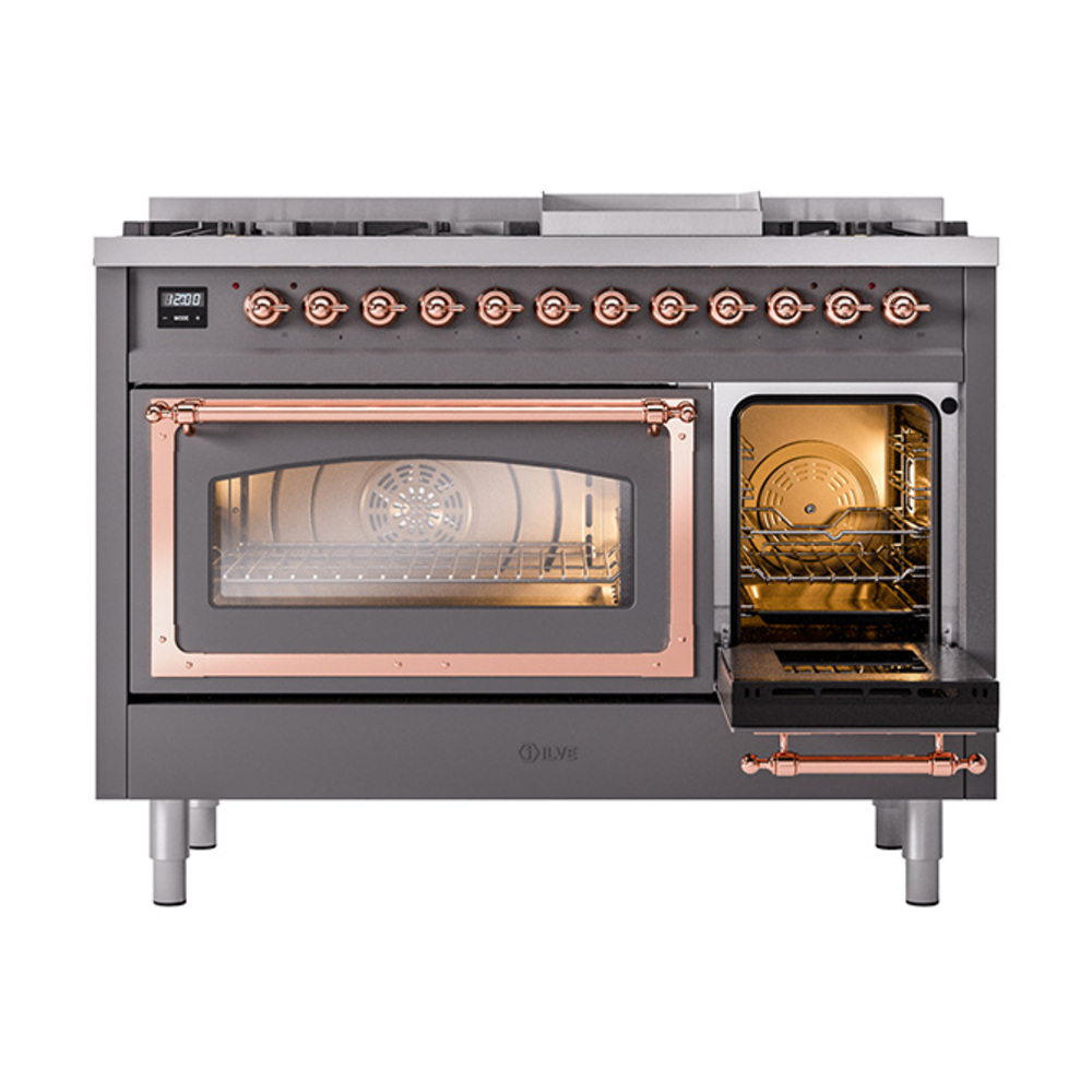 ILVE_UN48FNMPMGPLP_Nostalgie_II_48"_Dual_Fuel_Range_side_oven_door_opened