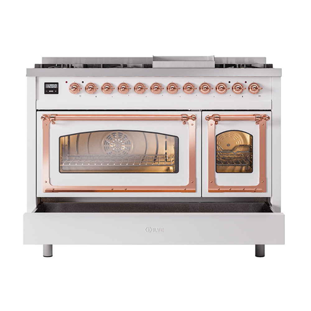 ILVE_UN48FNMPRAPLP_Nostalgie_II_48"_Dual_Fuel_Range_drawer_opened