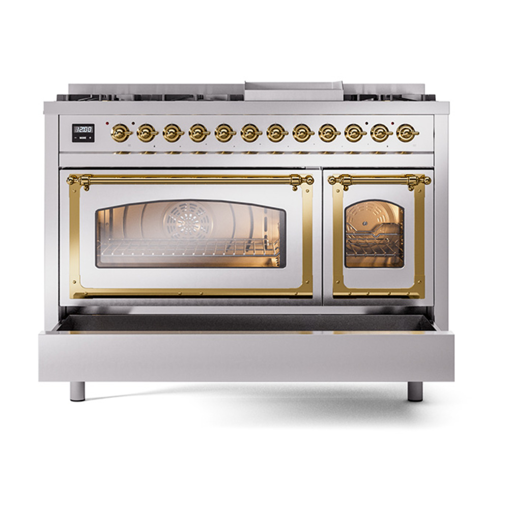 ILVE_UN48FNMPSSGLP_Nostalgie_II_48"_Dual_Fuel_Range_drawer_opened