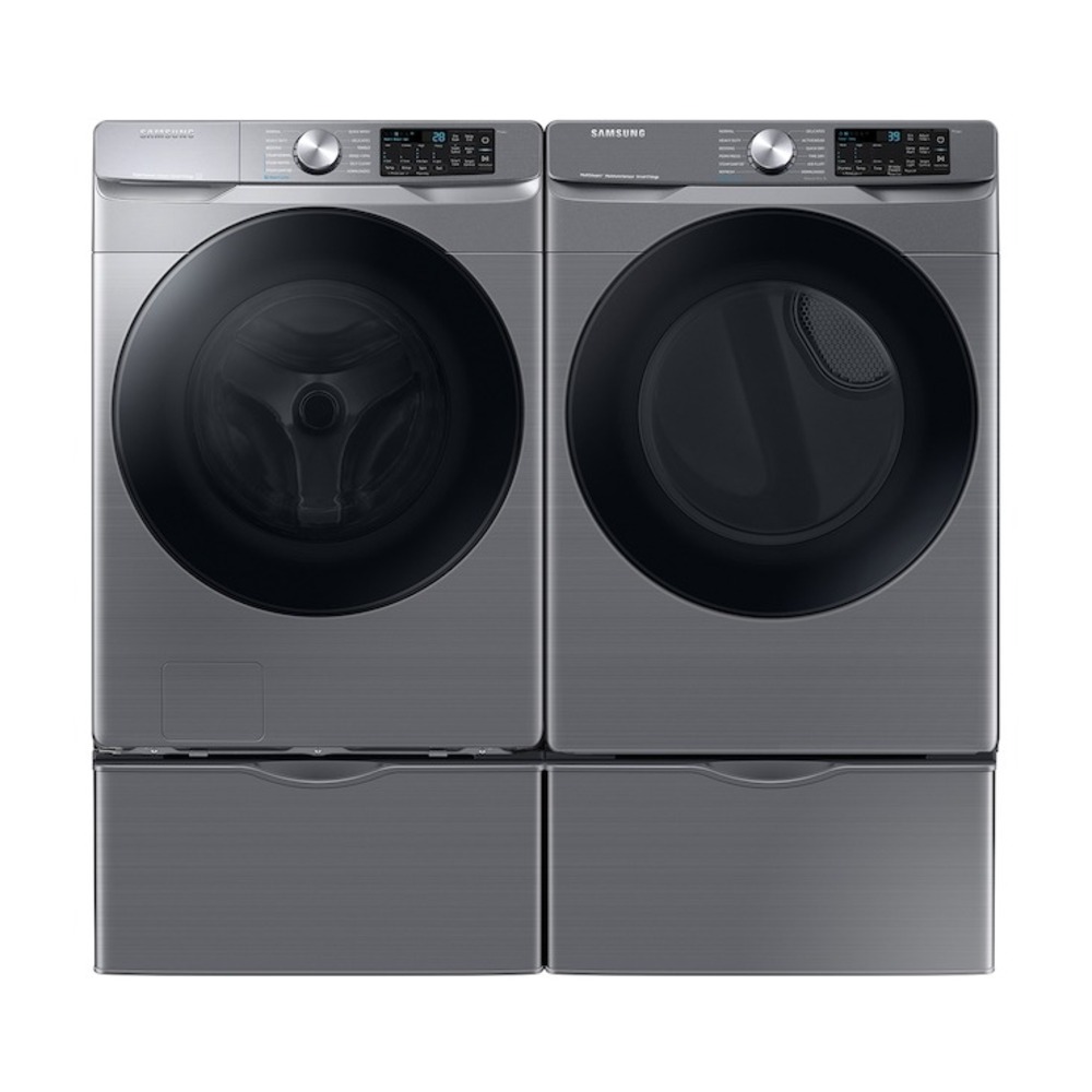 Samsung-WF45B6300AP-front view with matching washer and close drawers in bottom