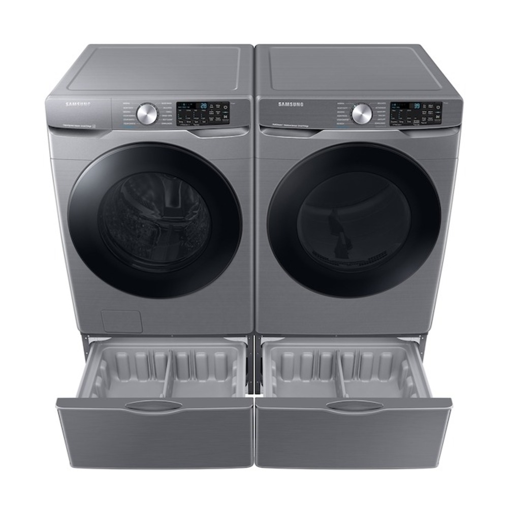 Samsung-WF45B6300AP-front view with matching washer and open drawers in bottom
