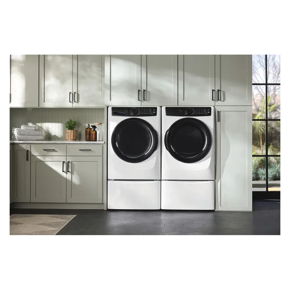 Electrolux Front Load Laundry Pair with ELFW7738AW 27 inch Front Load Washer, ELFE7738AW 27 inch Front Load Electric Dryer and Pair of EPWD257UIW 27 inch Island Pedestal in White