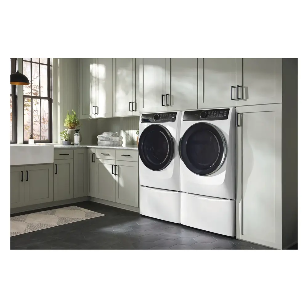 Electrolux Front Load Laundry Pair with ELFW7738AW 27 inch Front Load Washer, ELFE7738AW 27 inch Front Load Electric Dryer and Pair of EPWD257UIW 27 inch Island Pedestal in White