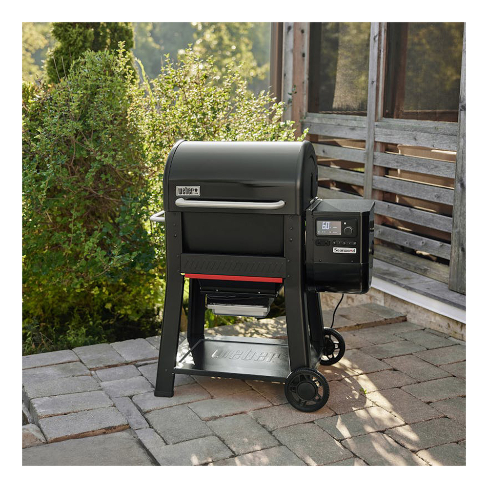 Weber 1500120 Searwood 600 Freestanding Pellet Grill with 648 sq in Cooking Area, Direct Flame, The Lid Open, Full Grate Sear Zone, in Black