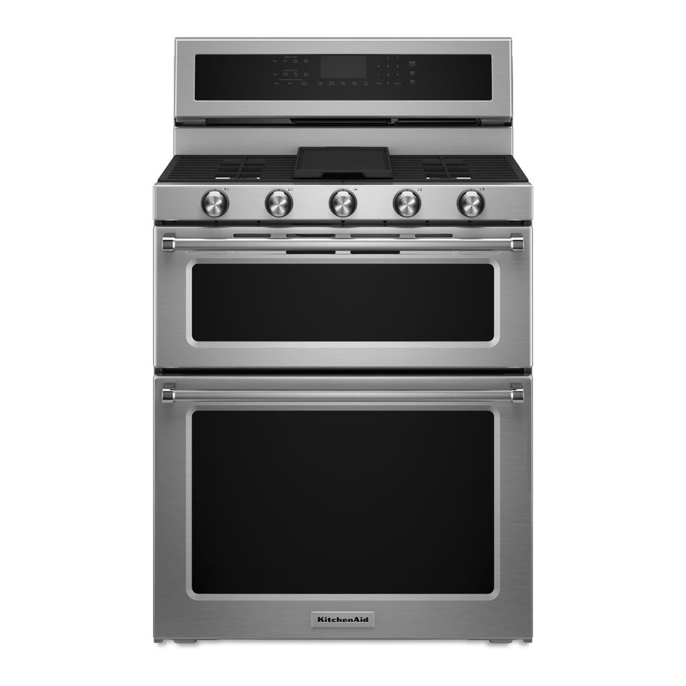 KitchenAid KFGD500E 30" Double Oven Gas Range with 5 Burners, 6 Cu. Ft. Capacity and Even-Heat True Convection