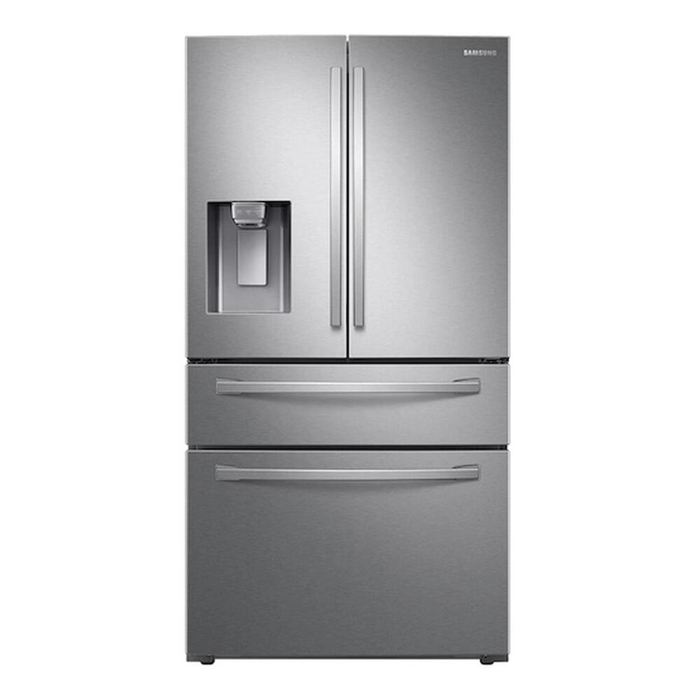 Samsung Bespoke 4-Piece Kitchen Appliances Package with RF28R7201SR 36 inch Smart 4-Door French Door Refrigerator, ME16A4021AS 30 inch Smart Over-the-Range Microwave, NX60A6311SS 30 inch Smart Freestanding Gas Range and DW80CG4021SR 24 inch Smart Built-In Dishwasher, in Stainless Steel