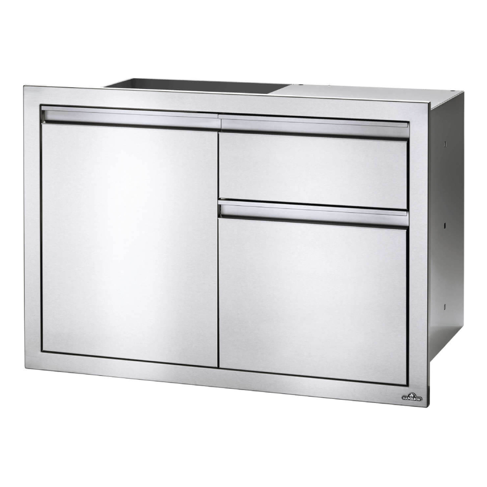Napoleon BI36241D1W 40 inch single Door & Waste Bin Drawer, Single 8-inch Top Drawer, Single Left Side Door, Anodized Aluminum Handles, in Stainless Steel