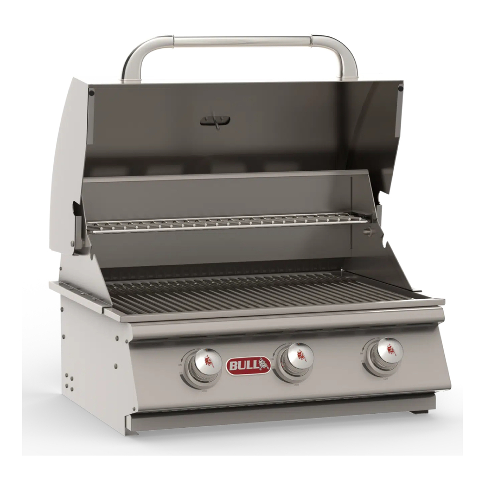 Bull 6900 Steer 26 inch Built-in Gas Grill with 556 sq. in. Cooking Area, 45000 Total BTU, Single Piece Dual Lined Hood, Piezo Igniters, Solid Grates, in Stainless Steel