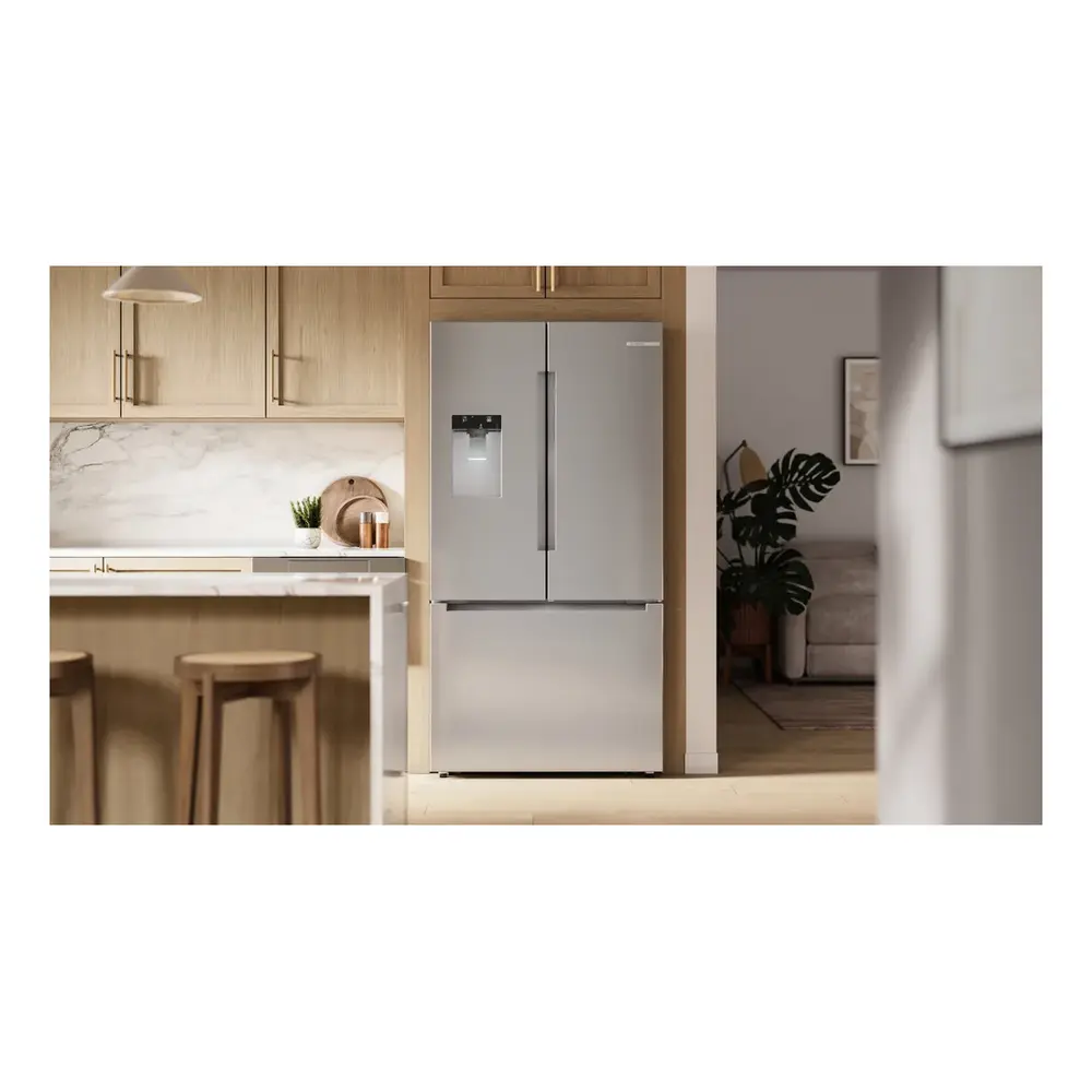 Bosch B36CD10ENS 36 Inch 100 Series Smart Counter Depth French Door Refrigerator with 21.6 cu. ft. Total Capacity, External Dispenser, QuickIce Pro System, MultiAirFlow, Home Connect App, Sabbath Mode and ENERGY STAR, in Stainless Steel