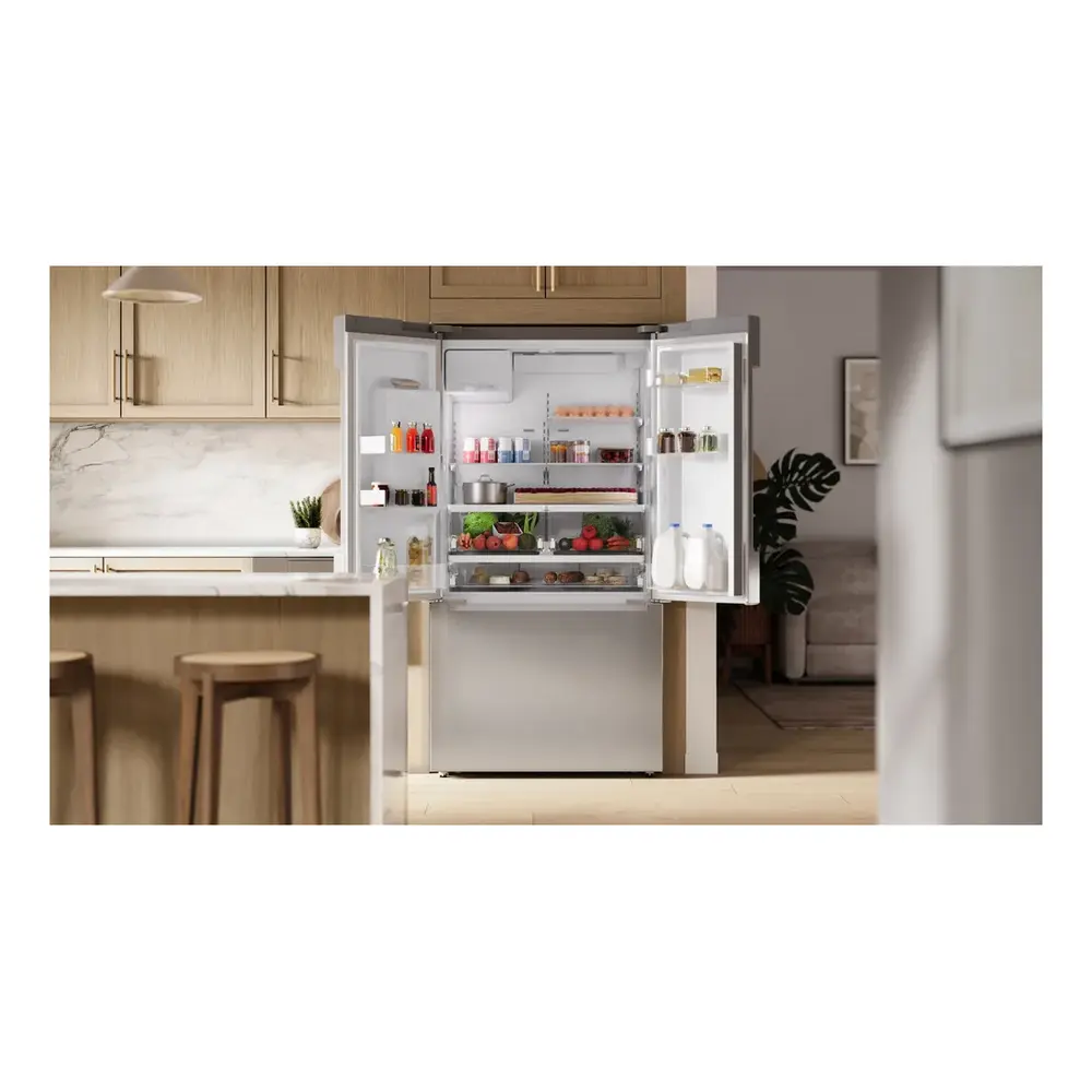 Bosch B36CD10ENS 36 Inch 100 Series Smart Counter Depth French Door Refrigerator with 21.6 cu. ft. Total Capacity, External Dispenser, QuickIce Pro System, MultiAirFlow, Home Connect App, Sabbath Mode and ENERGY STAR, in Stainless Steel