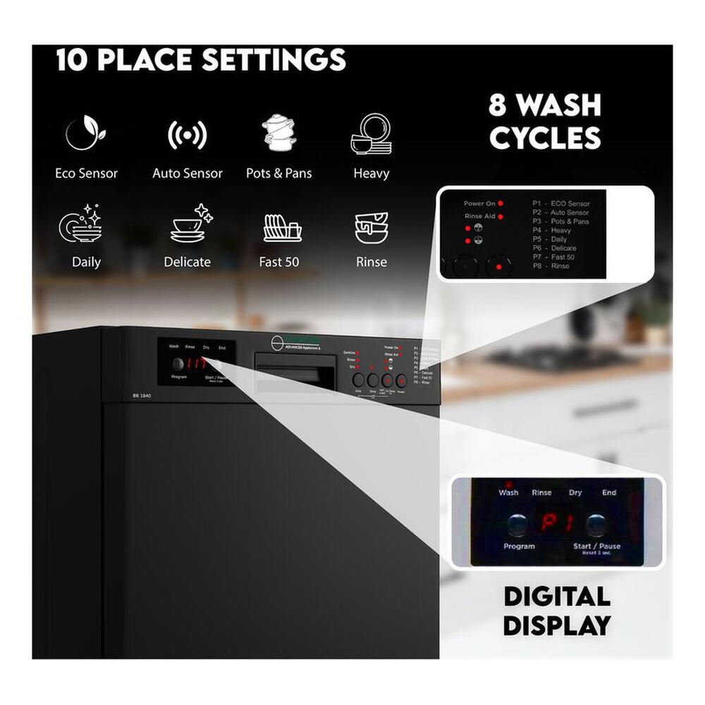 Equator WB1840 18 inch Built-In Dishwasher with 10 Place Settings, Touch Button Control Panel, Rinse-Aid Indicator, Automatic Temperature Control