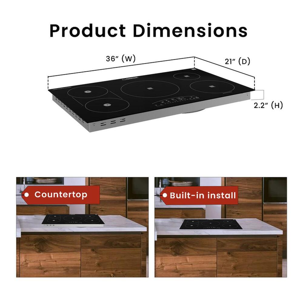 Equator EHC36532 36" Built-In Ceramic Electric Hybrid Induction Cooktop with 5 Elements, Precision Power Control, Built-in Induction Pan Sensor, Digital Timer Function, in Black