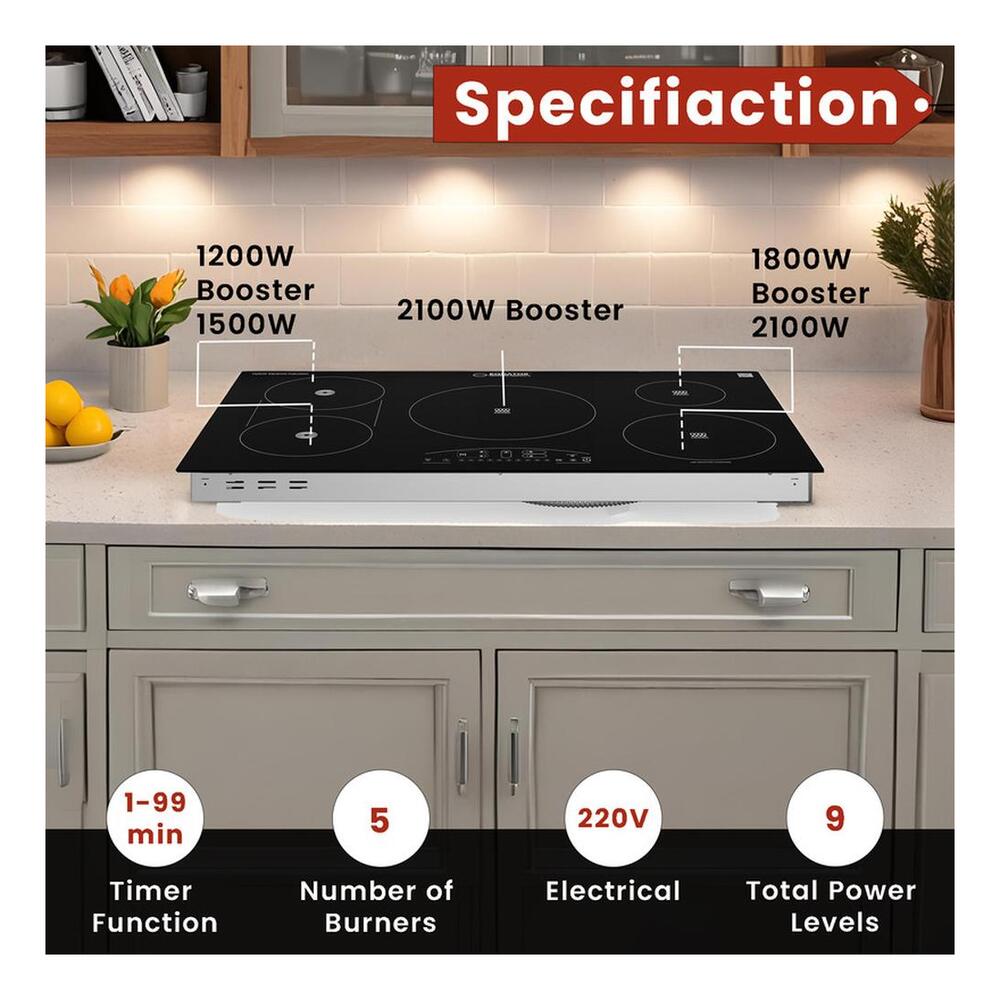 Equator EHC36532 36" Built-In Ceramic Electric Hybrid Induction Cooktop with 5 Elements, Precision Power Control, Built-in Induction Pan Sensor, Digital Timer Function, in Black