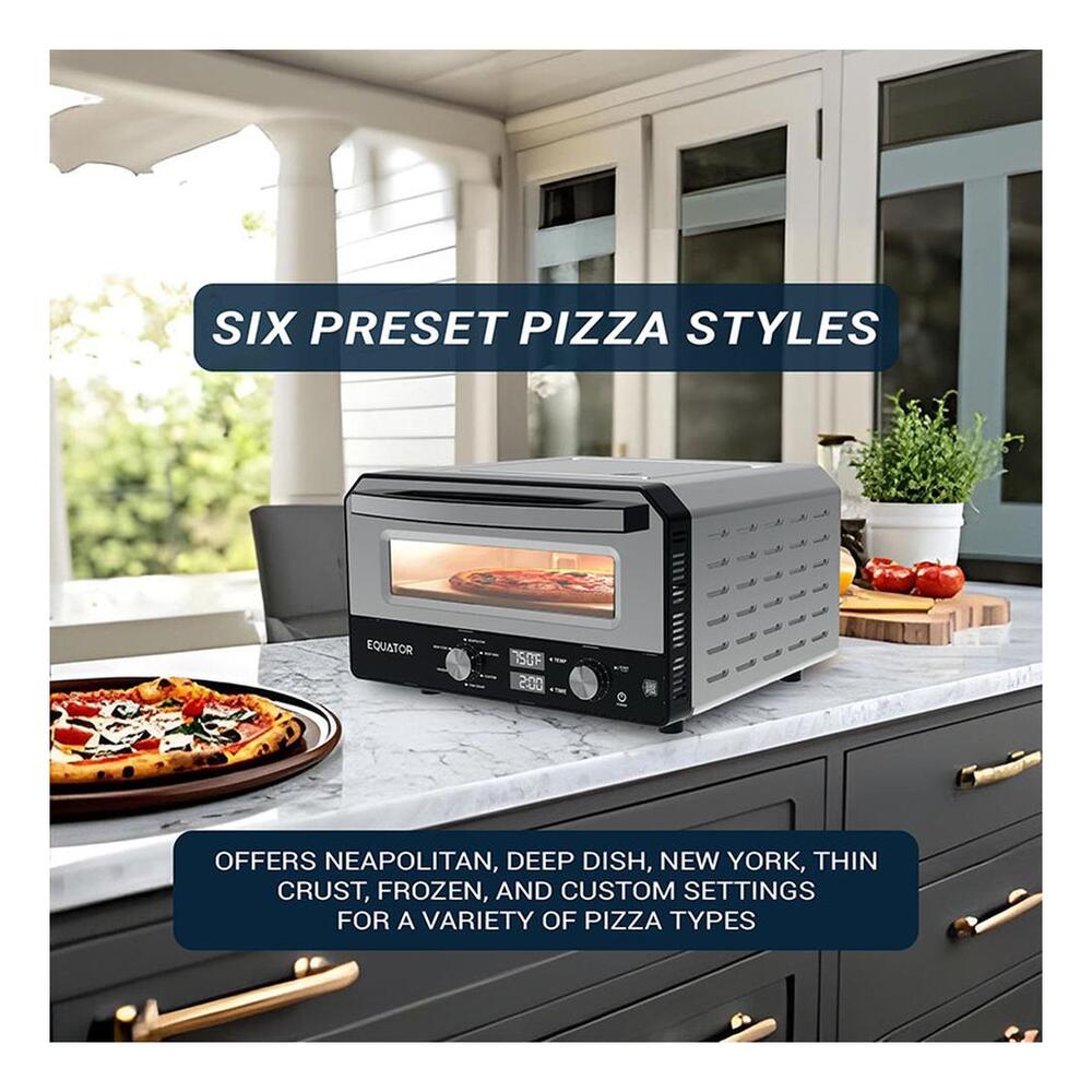 Equator EPO500 18 inch Countertop Electric Pizza Oven with 0.48 cu. ft. Capacity, High Temperature Range, Six Preset Pizza Styles, Quick Preheat and Cooking, in Stainless Steel