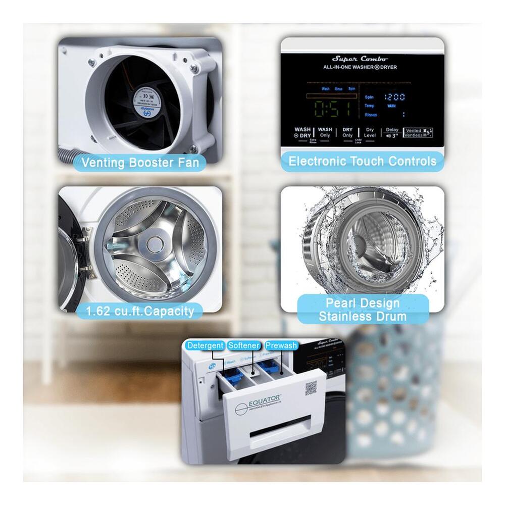 Equator EZ4600 24 inch Front Load Electric Washer and Dryer Combo with 1.96 cu. ft. Capacity, Ventless, Child Lock, Anti-Bacterial Drum Baffle, Sanitize Cycle