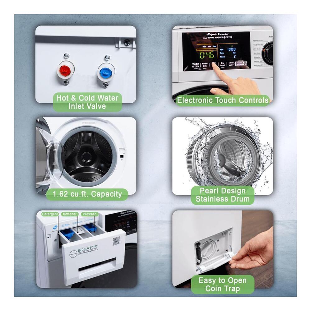 Equator EZ4700C 24 inch Front Load Electric Washer and Dryer Combo with 1.62 cu. ft. Capacity, Ventless, Zero Clearance, Sanitize Cycle, Electronic Control Panel