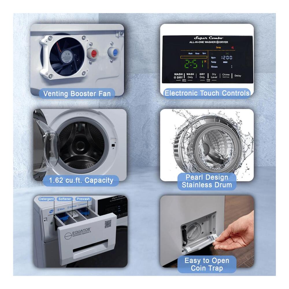 Equator EZ4800V 24 inch Front Load Electric Washer and Dryer Combo with 1.62 cu. ft. Capacity, Vented, Dual Fans, Anti-Bacterial Drum Baffle, Sanitize Cycle