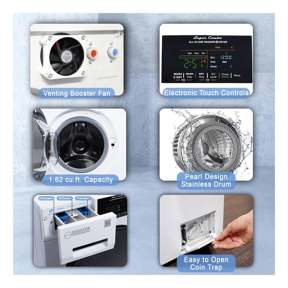 Equator EZ4800V 24 inch Front Load Electric Washer and Dryer Combo with 1.62 cu. ft. Capacity, Vented, Dual Fans, Anti-Bacterial Drum Baffle, Sanitize Cycle