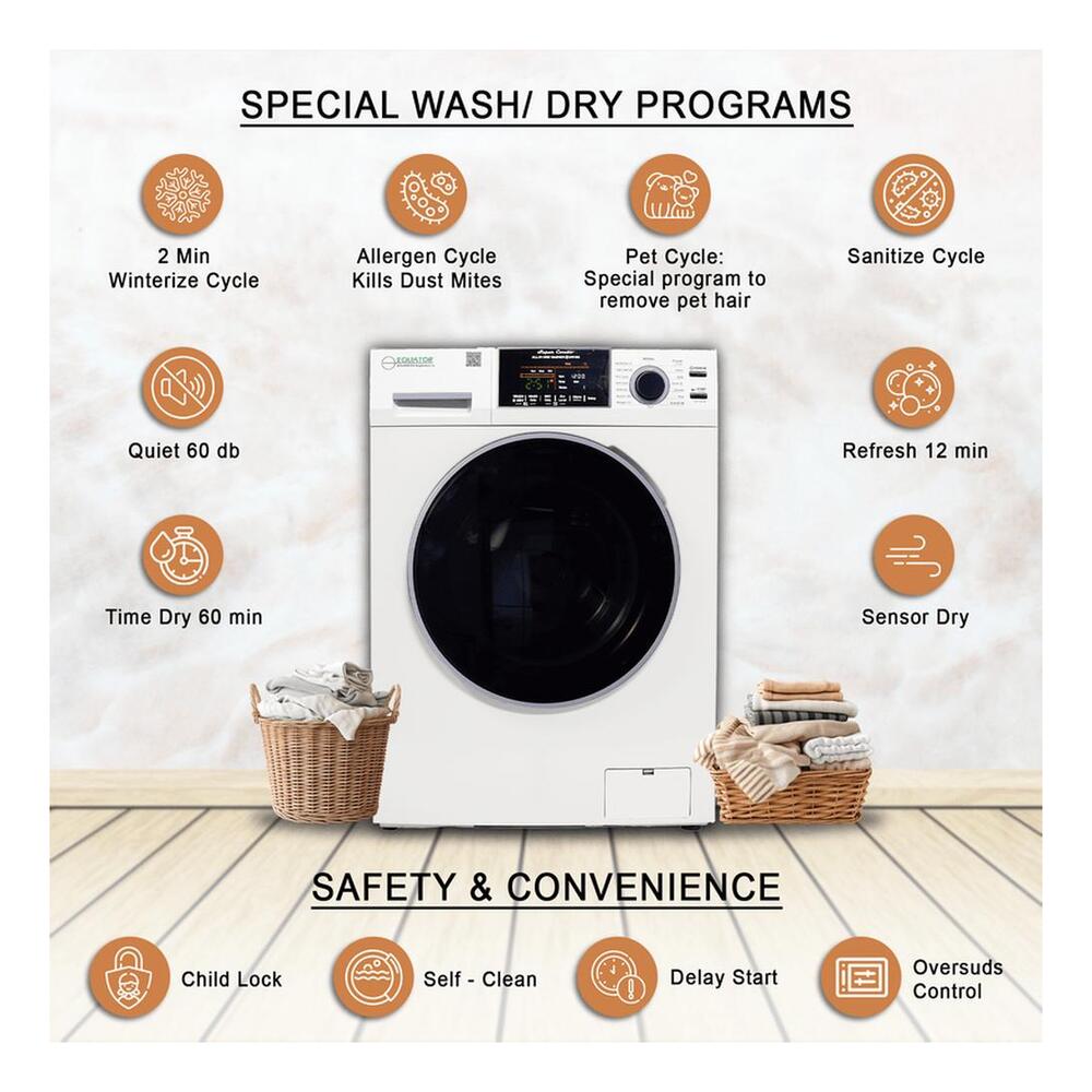 Equator EZ4800V 24 inch Front Load Electric Washer and Dryer Combo with 1.62 cu. ft. Capacity, Vented, Dual Fans, Anti-Bacterial Drum Baffle, Sanitize Cycle