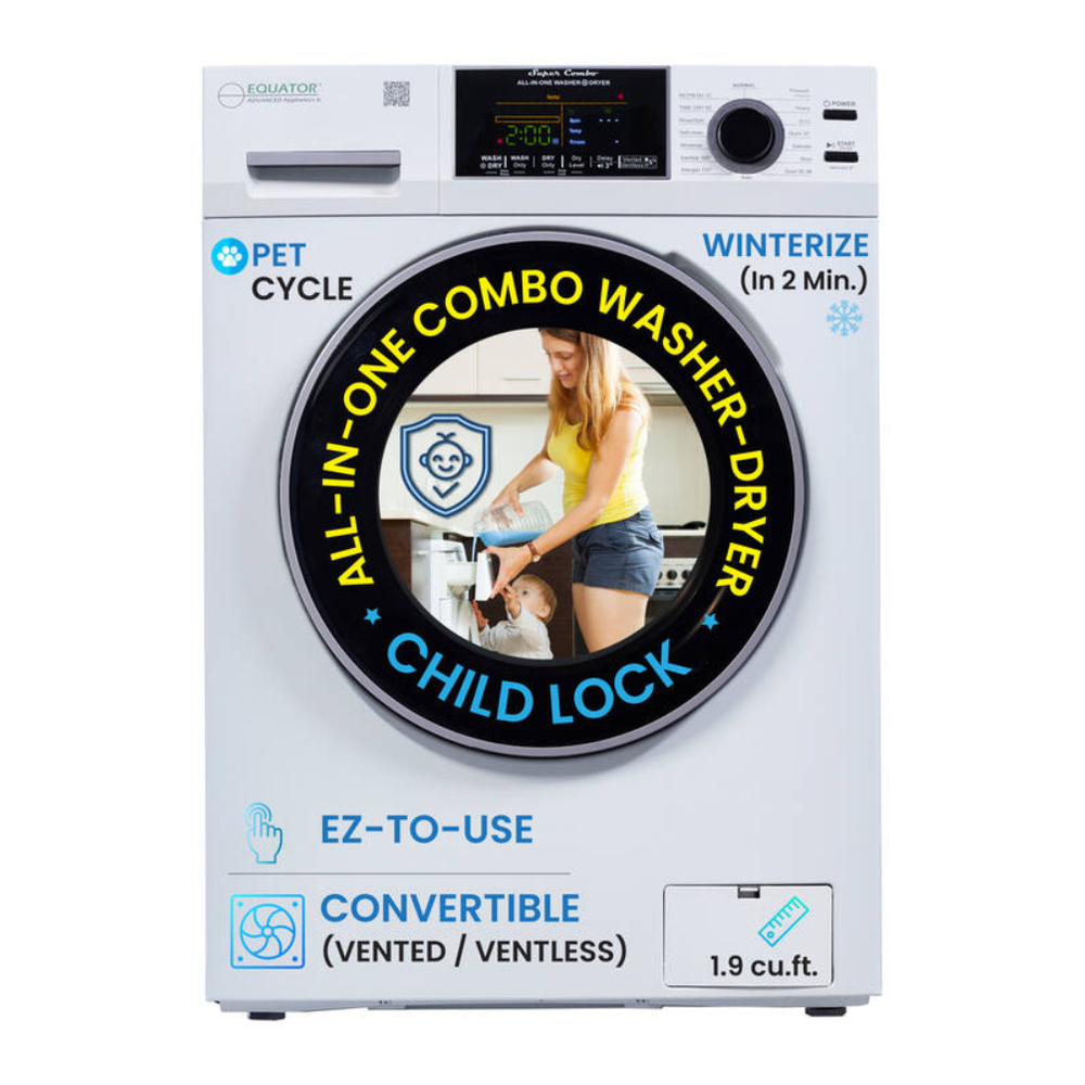 Equator EZ5500CV 24 inch Front Load Electric Washer and Dryer Combo with 1.9 cu. ft. Capacity, Ventless, Smart Technology, Anti Bacterial Drum Baffles, Child Lock , in White