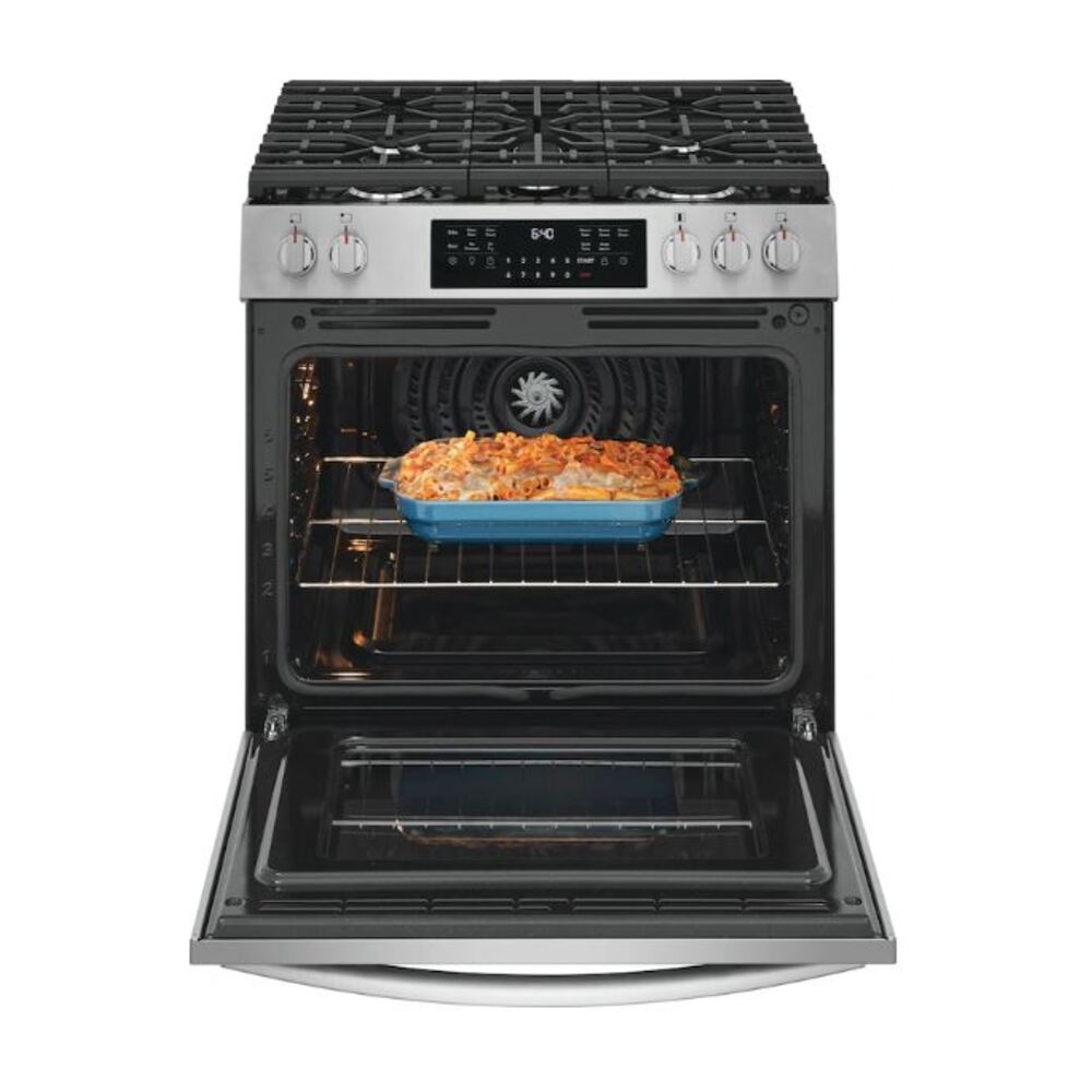 Frigidaire Gallery GCFG3059BF 30 Inch Gas Range with 5 Sealed Burners, 6 cu. ft. Oven Capacity, Air Fry Mode, Total Convection System, Sabbath Mode in Stainless Steel