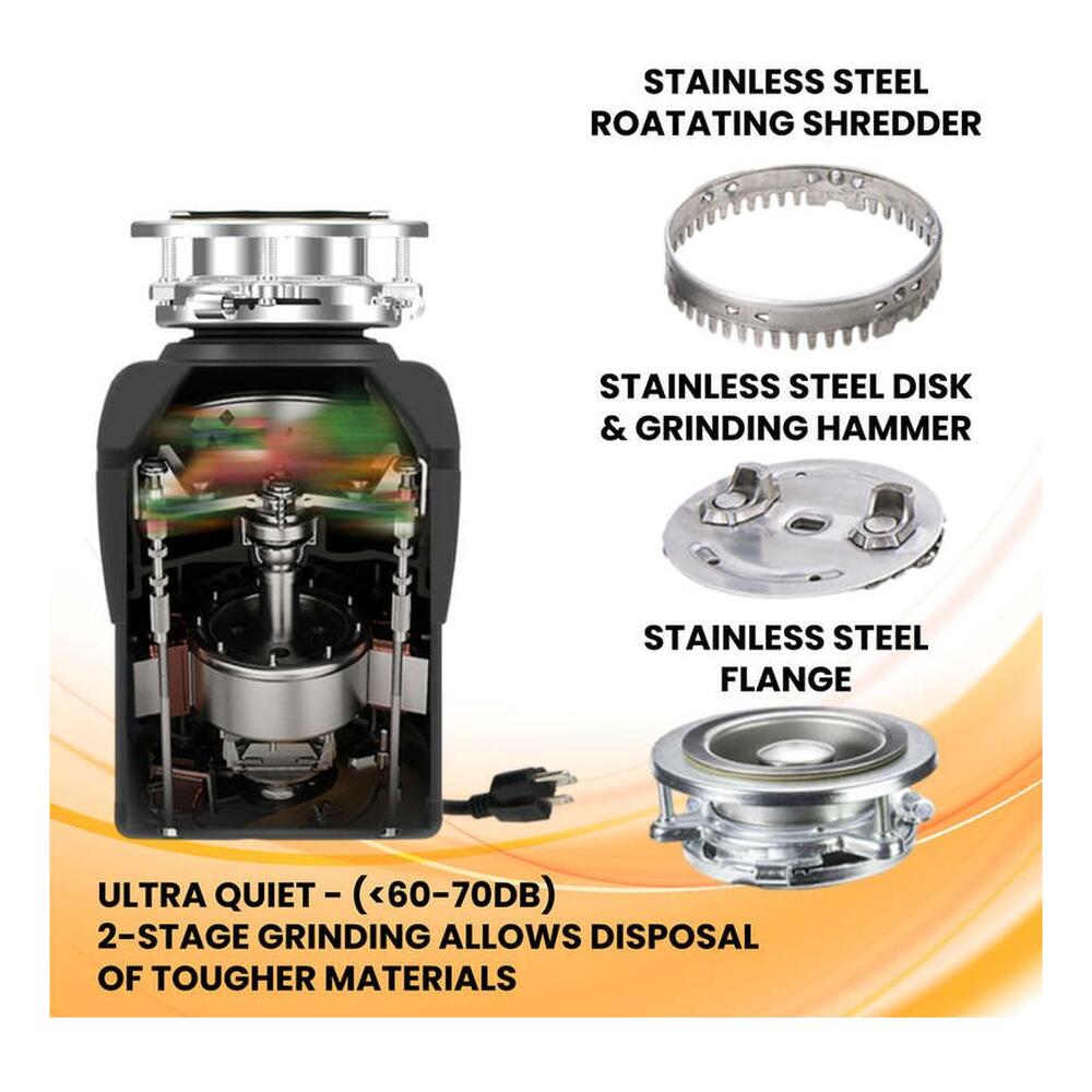 Equator GD075 8 inch Garbage Disposer, Continuous Feed Operation, 2 Stage Grinding System , Removable Water Baffle, in Black