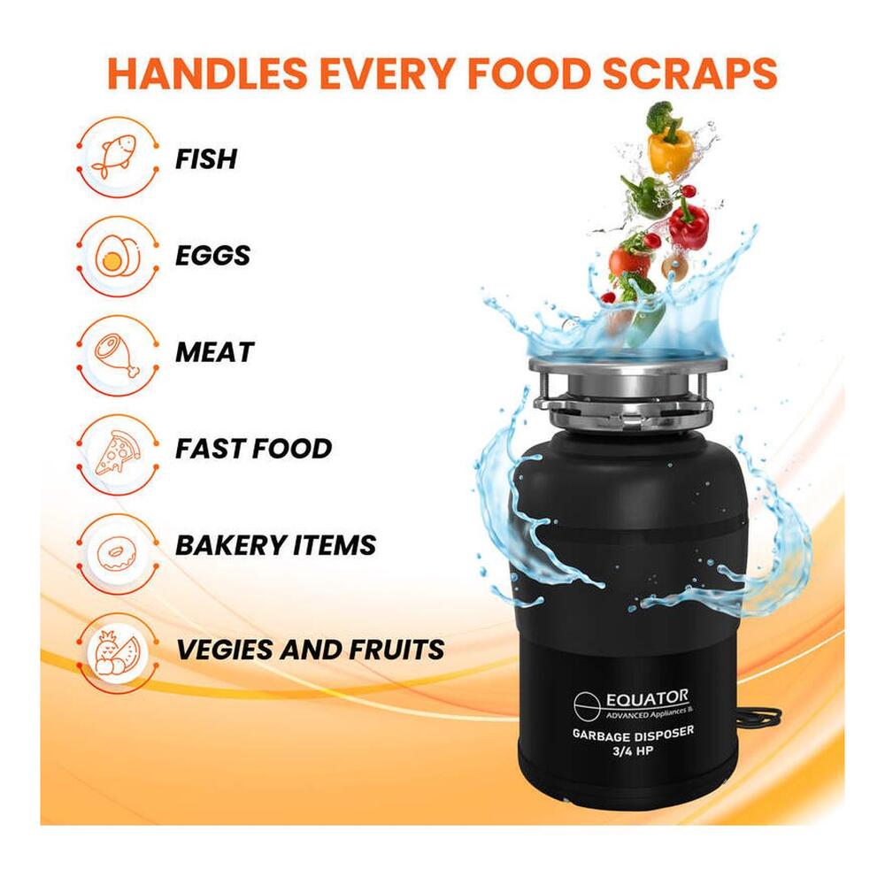 Equator GD075 8 inch Garbage Disposer, Continuous Feed Operation, 2 Stage Grinding System , Removable Water Baffle, in Black