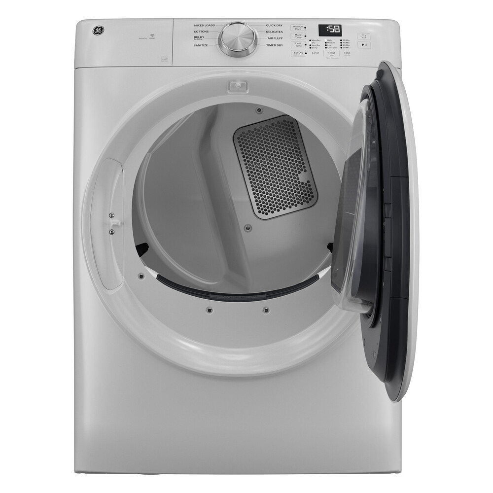 GE GFD35ESSYWW 28 Inch Smart Front Load Electric Dryer with 7.8 cu. ft. Capacity, Wi-Fi Connect, Sanitize Cycle, Wrinkle Care, Reversible Door, Damp Alert in White