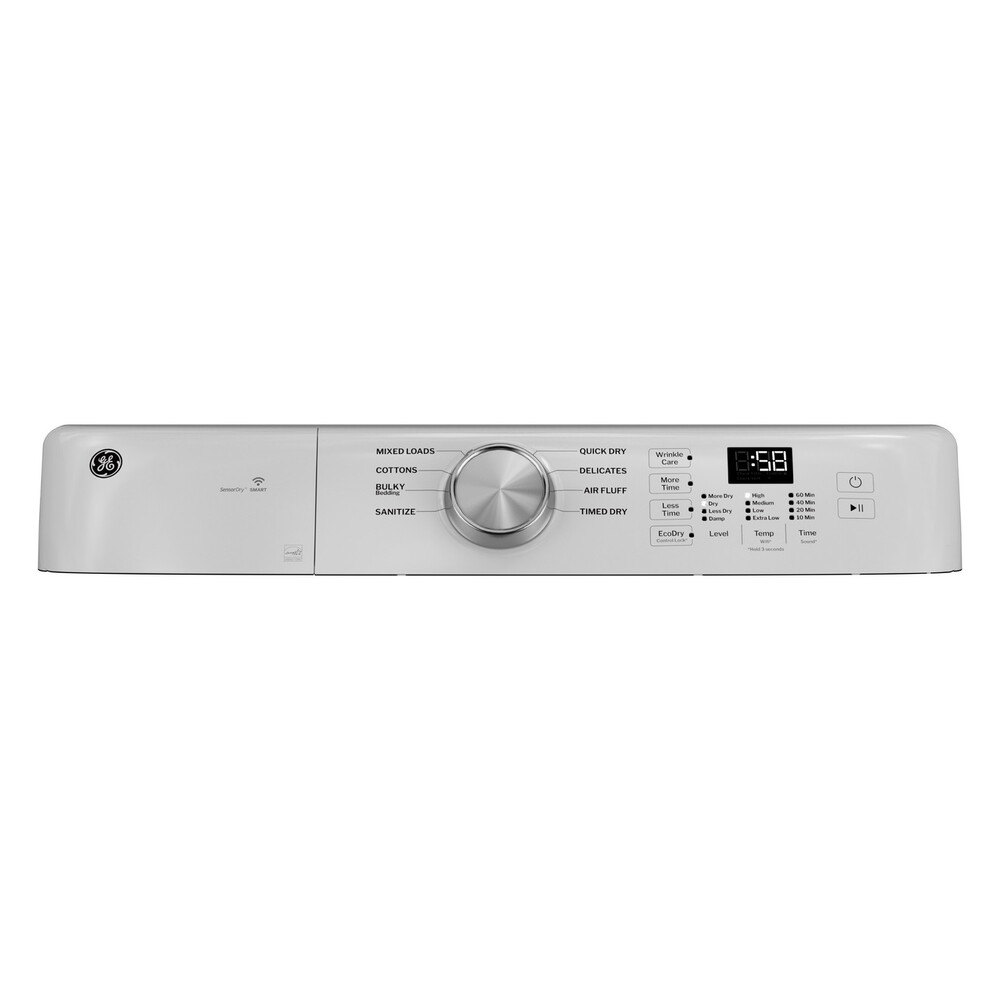 GE GFD35ESSYWW 28 Inch Smart Front Load Electric Dryer with 7.8 cu. ft. Capacity, Wi-Fi Connect, Sanitize Cycle, Wrinkle Care, Reversible Door, Damp Alert in White
