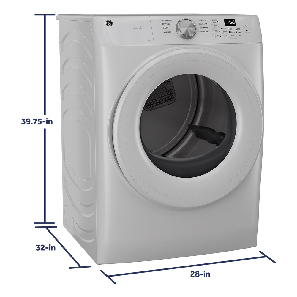 GE GFD35ESSYWW 28 Inch Smart Front Load Electric Dryer with 7.8 cu. ft. Capacity, Wi-Fi Connect, Sanitize Cycle, Wrinkle Care, Reversible Door, Damp Alert in White