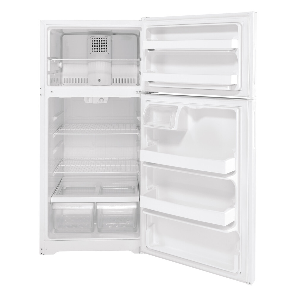 GE GPE17CTNRWW 28 Inch Top Freezer Refrigerator with 16.6 cu. ft. Storage Capacity, LED Lighting, Adjustable Wire Shelves, Upfront Temperature Controls, Crisper Drawer in White