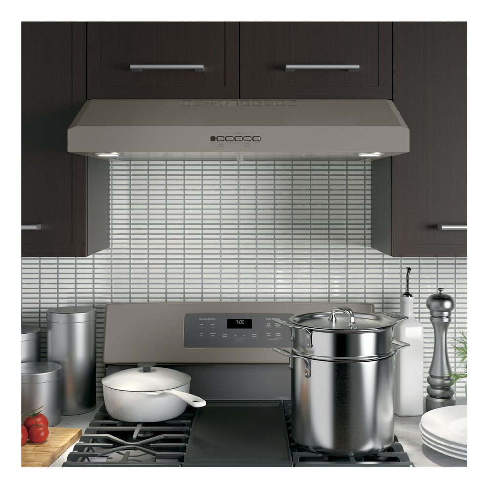 GE JVX5300EJES 30 inch Under Cabinet Convertible Hood with 300 CFM Venting System, 4 Speeds, in Slate