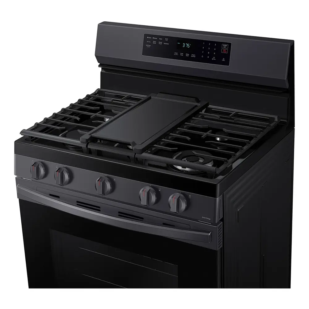 Samsung NX60A6511S 30 inch Smart Freestanding Gas Range with 5 Burners, 6 cu. ft. Oven Capacity, Convection, Removable Non-Stick Griddle, Storage Drawer and Air Fry