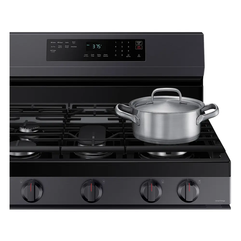 Samsung NX60A6511S 30 inch Smart Freestanding Gas Range with 5 Burners, 6 cu. ft. Oven Capacity, Convection, Removable Non-Stick Griddle, Storage Drawer and Air Fry