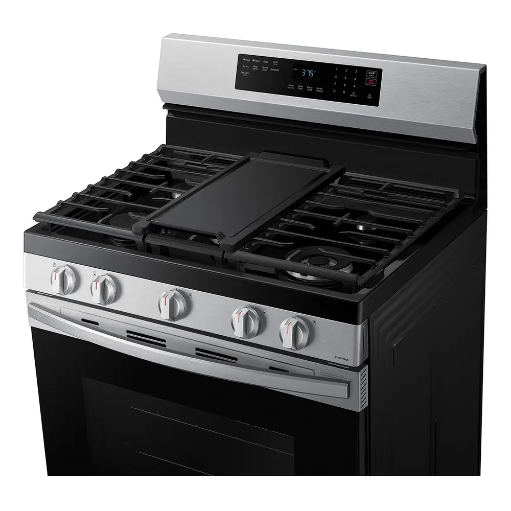 Samsung NX60A6511S 30 inch Smart Freestanding Gas Range with 5 Burners, 6 cu. ft. Oven Capacity, Convection, Removable Non-Stick Griddle, Storage Drawer and Air Fry