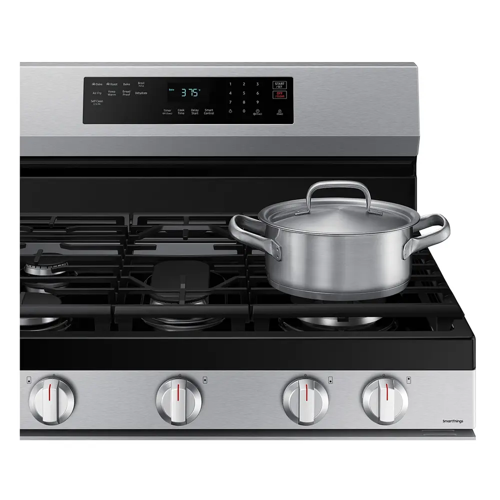 Samsung NX60A6511S 30 inch Smart Freestanding Gas Range with 5 Burners, 6 cu. ft. Oven Capacity, Convection, Removable Non-Stick Griddle, Storage Drawer and Air Fry