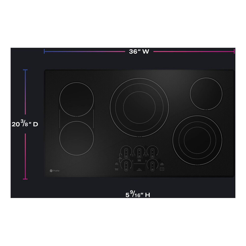 GE Profile PEP9036STSS 36 inch Built-In Touch Control Electric Cooktop with 5 Elements, Stainless Steel on Black