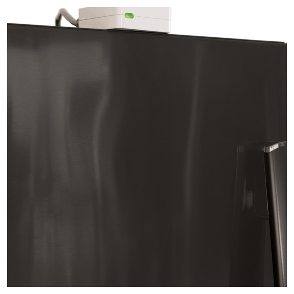 GE-PFE28KBLTS-Top View of a Black Stainless Steel Refrigerator with Smart Device