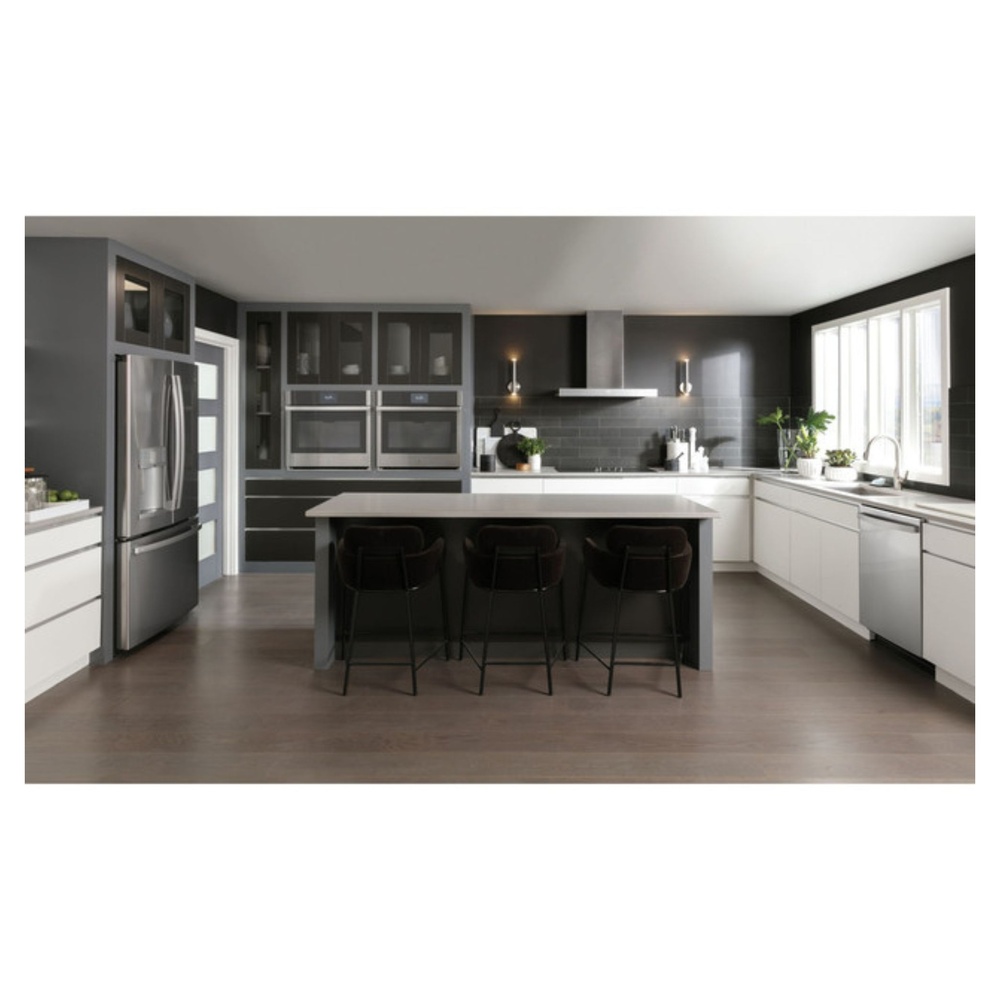 GE-PTD7000SNSS-Modern Kitchen with Dark Accents and Island Seating
