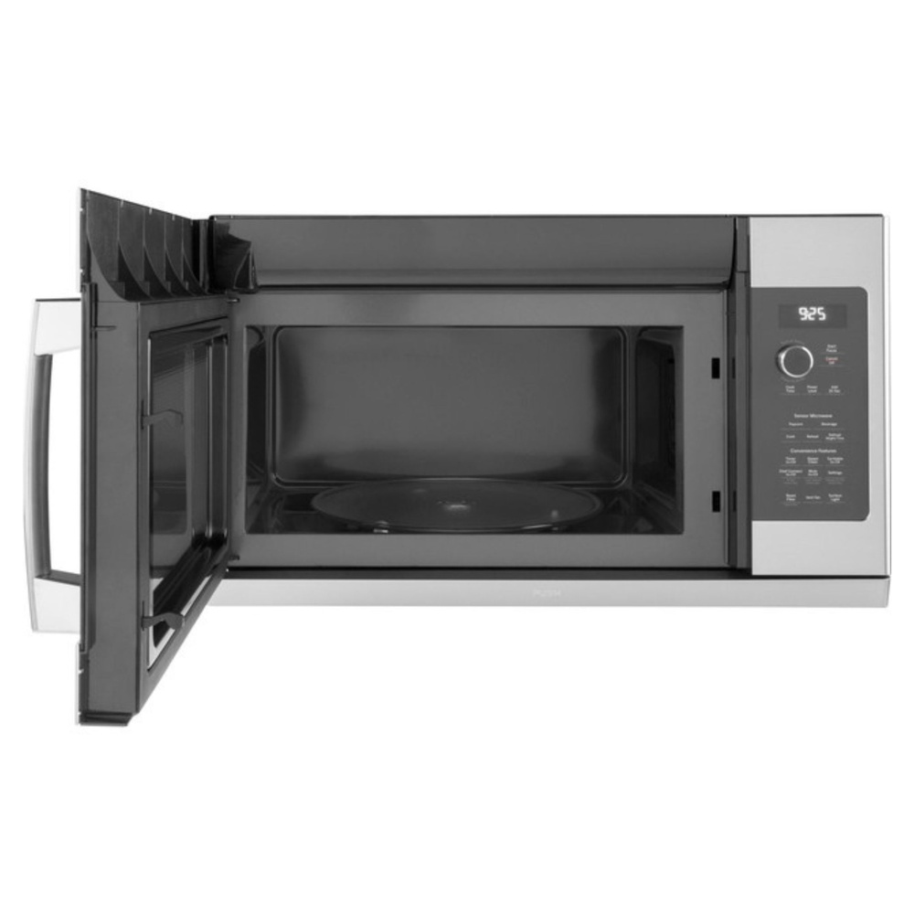 GE-PVM9225SRSS-Stainless steel over-the-range microwave oven with its door open