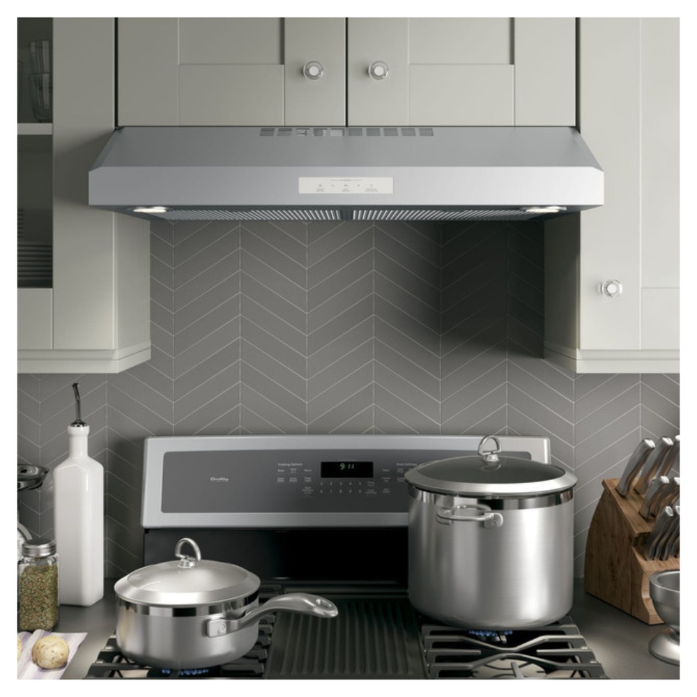 GE-PVX7300SJSS-modern kitchen setup with a stainless steel range hood