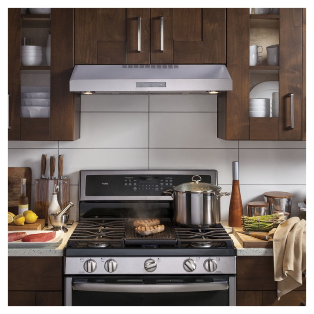 GE-PVX7300SJSS-Four-speed with boost, 390-CFM Range Hood Blower venting system