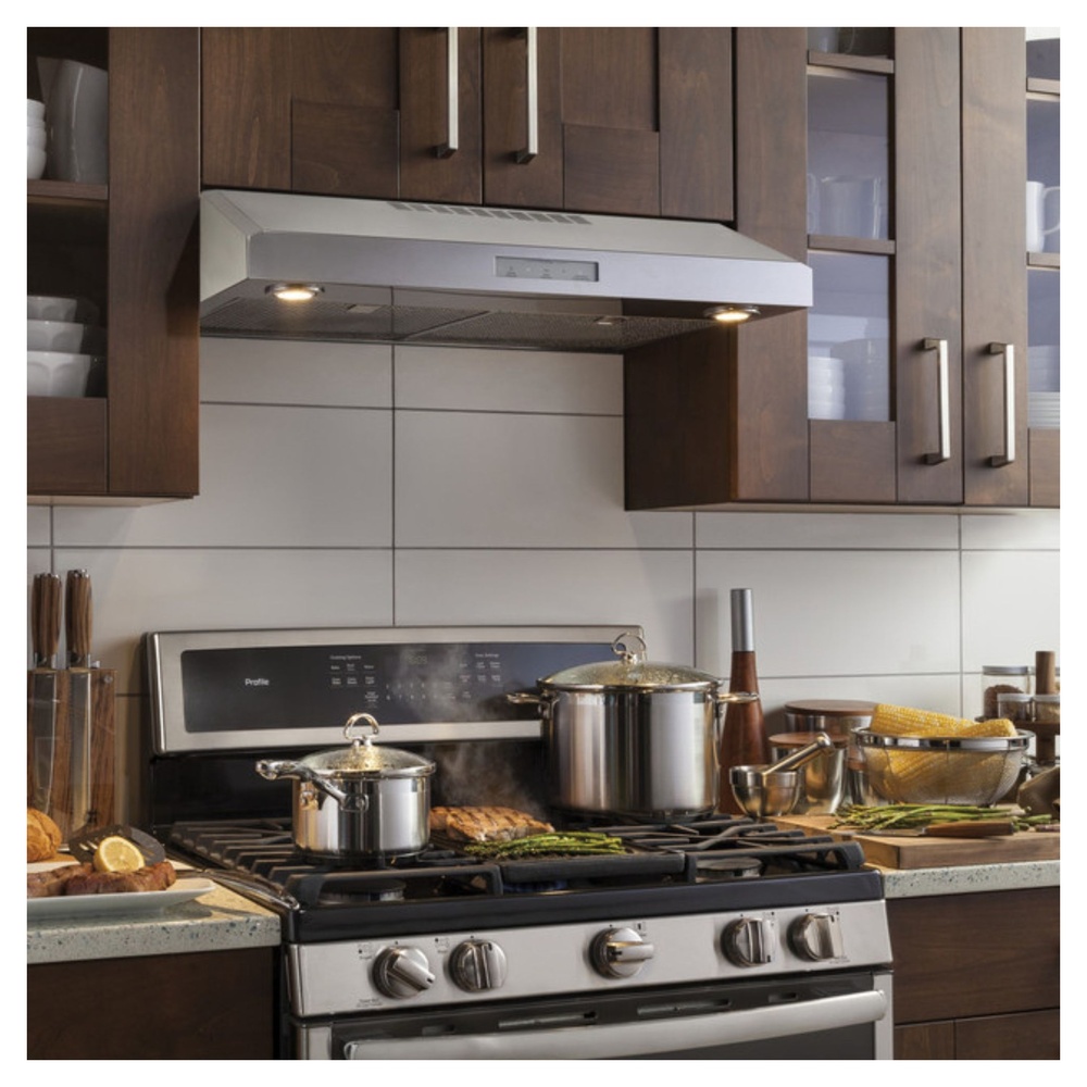 GE-PVX7300SJSS-modern kitchen setup with a stainless steel range hood