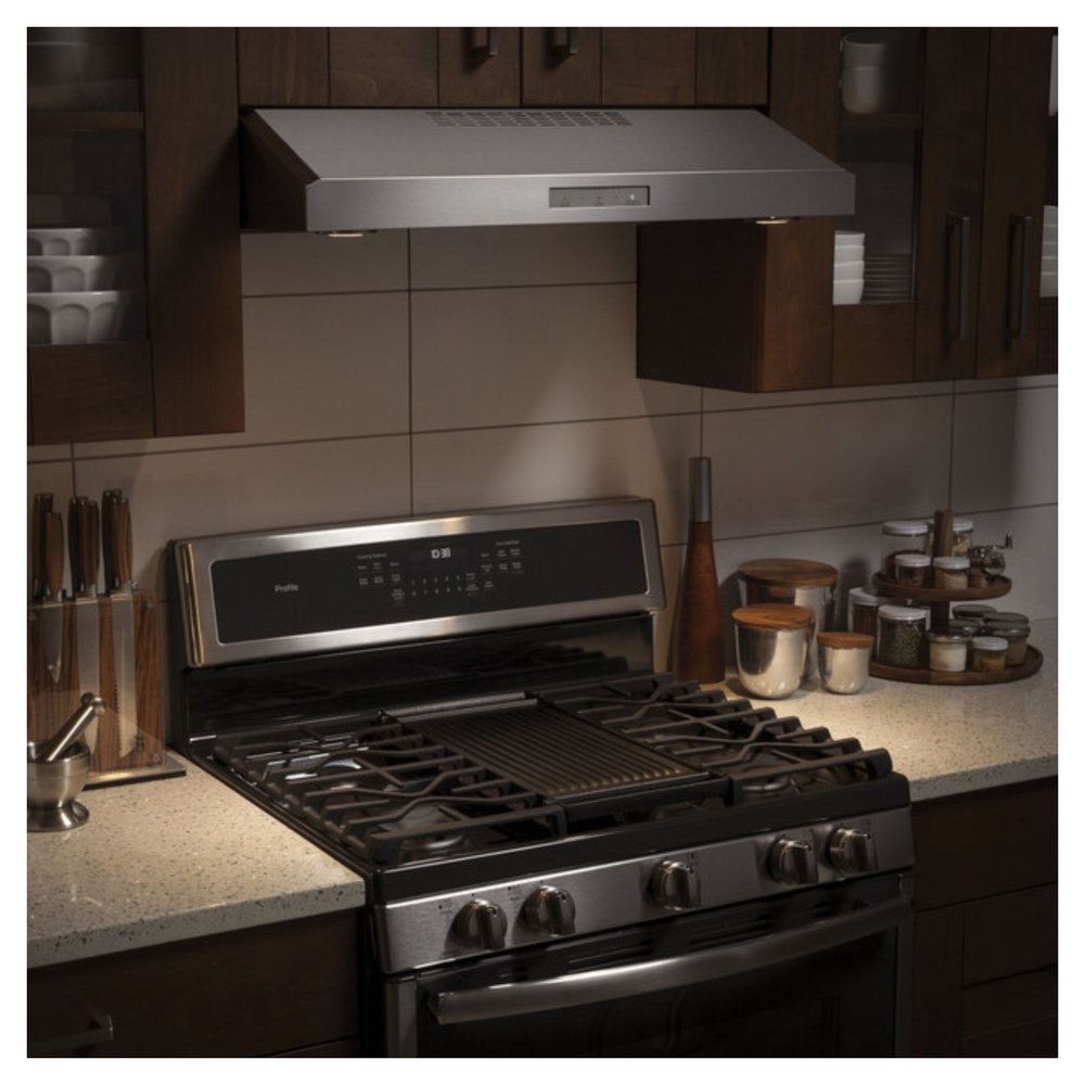 GE-PVX7300SJSS-Modern kitchen with a stainless steel gas range