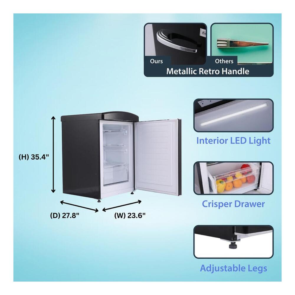 Equator CRCRF320B Conserv Compact 24 inch Retro Bottom Mount Refrigerator with 11 cu. ft. Capacity, Fast Freezing, Interior LED Light, Retro Handles, in Black