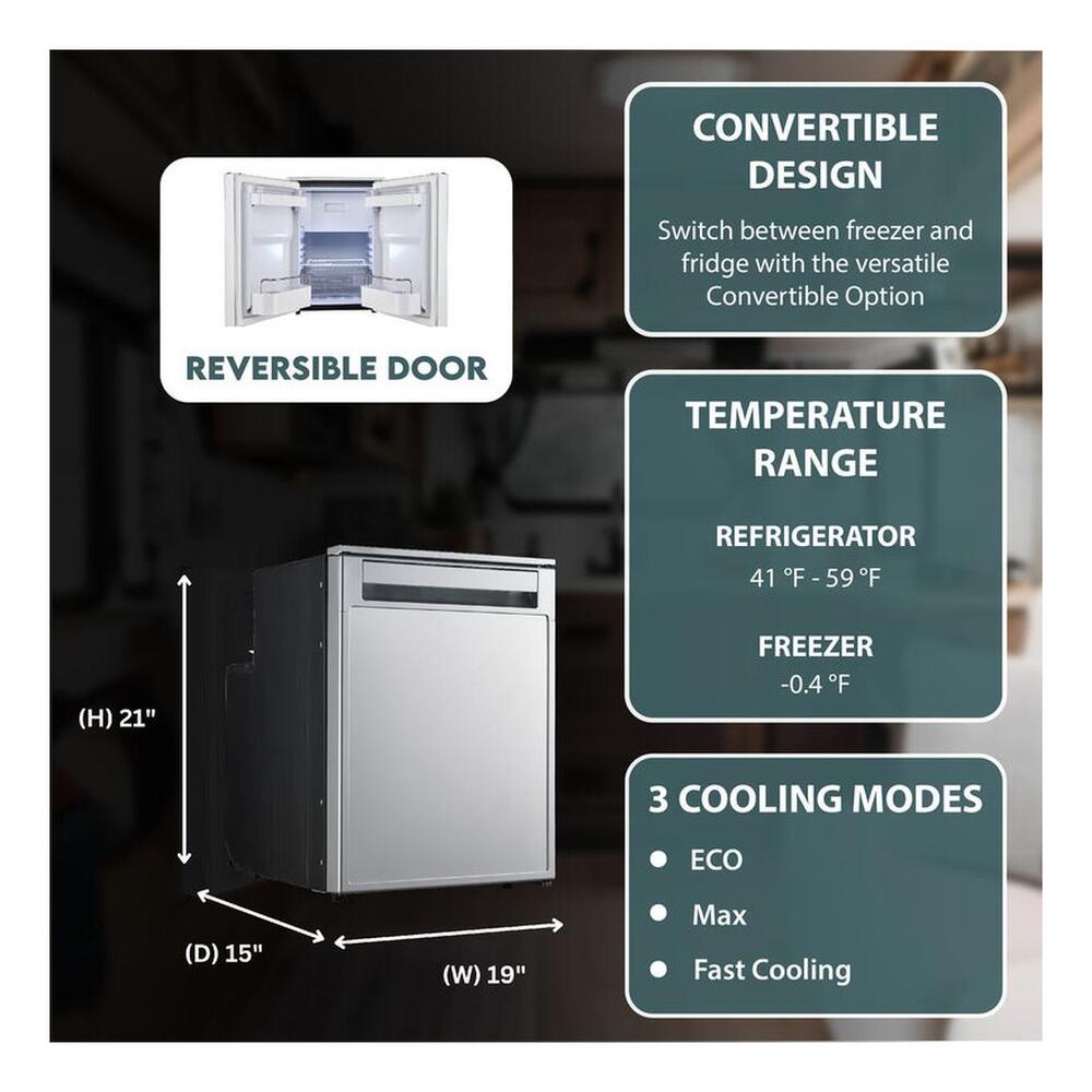 Equator RF1216 15 inch Compact RV-Marine-Offgrid Convertible Refrigerator-Freezer with 1.61 cu. ft. Capacity, Low Voltage Protection, Digital / Mechanical Controls, DC adapter, in Stainless Steel
