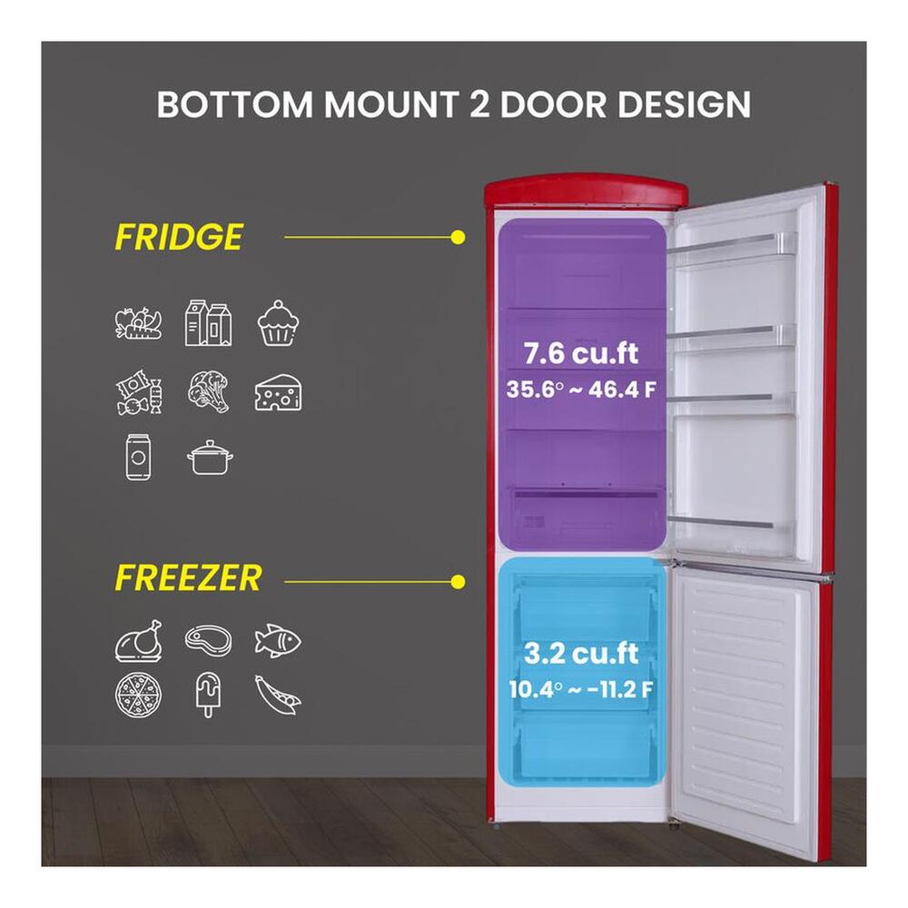 Equator RF132 Conserv Compact 24 inch Freestanding Retro Bottom Mount Refrigerator with 11 cu. ft. Capacity, Fast Freezing, Interior LED Light, Retro Handles